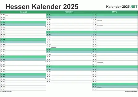 Vorschau Quartalskalender 2025 für EXCEL Hessen