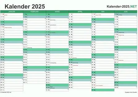 Vorschau Halbjahreskalender 2025 für EXCEL Deutschland