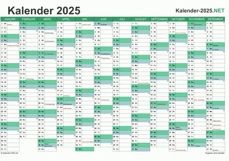 Vorschau Kalender 2025 für EXCEL mit Feiertagen Deutschland