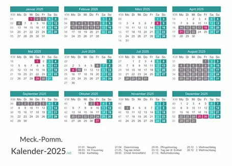 Kalender mit Ferien Meck-Pomm 2025 Vorschau