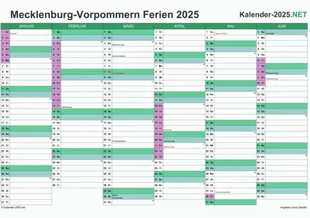 Vorschau EXCEL-Halbjahreskalender 2025 mit den Ferien Meck-Pomm