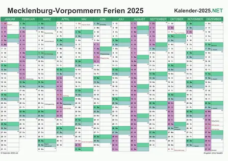 Kalender mit Ferien Meck-Pomm 2025 Vorschau