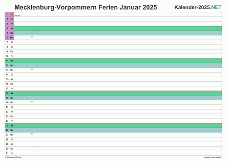 Vorschau EXCEL-Monatskalender 2025 mit den Ferien Meck-Pomm