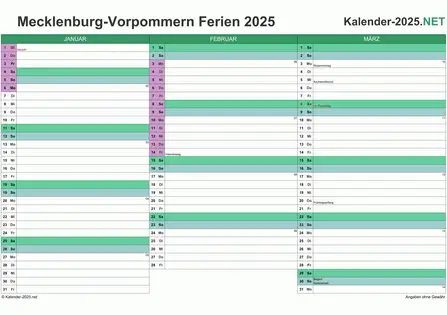 Vorschau EXCEL-Quartalskalender 2025 mit den Ferien Meck-Pomm