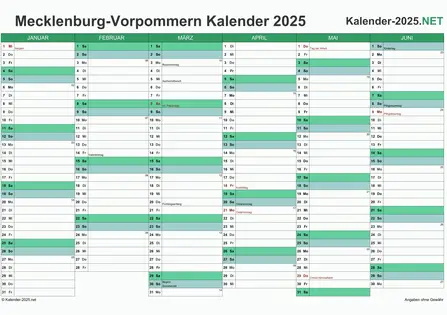 Vorschau Halbjahreskalender 2025 für EXCEL Meck-Pomm