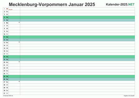 Vorschau Monatskalender 2025 für EXCEL Meck-Pomm