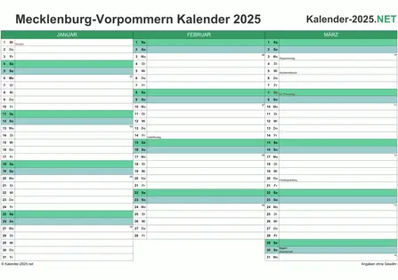 Vorschau Quartalskalender 2025 für EXCEL Meck-Pomm