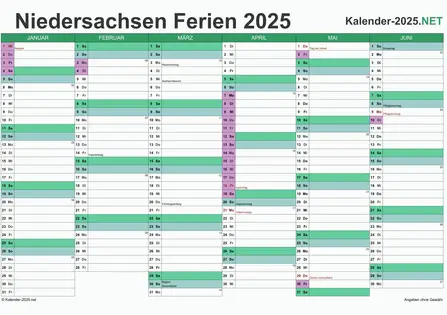 Halbjahreskalender 2025 zum Ausdrucken zum Ausdrucken - mit FerienNiedersachsen Vorschau