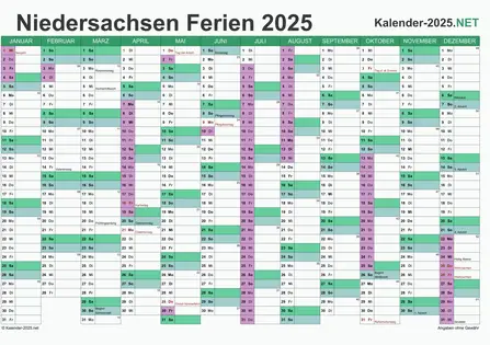 Kalender 2025 zum Ausdrucken zum Ausdrucken - mit FerienNiedersachsen Vorschau