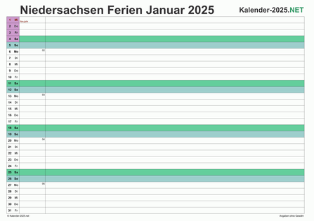 Monatskalender 2025 zum Ausdrucken zum Ausdrucken - mit FerienNiedersachsen Vorschau