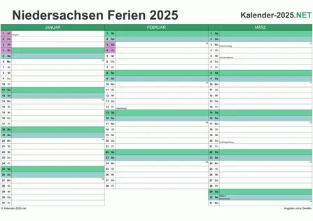 Vorschau EXCEL-Quartalskalender 2025 mit den Ferien Niedersachsen