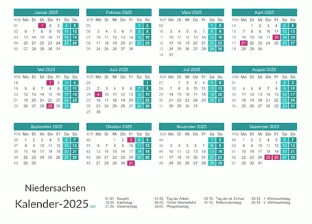 Feiertage Niedersachsen 2025 zum Ausdrucken Vorschau