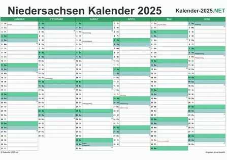 Niedersachsen Halbjahreskalender 2025 Vorschau