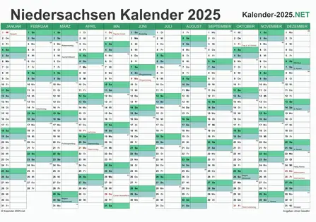 Vorschau Kalender 2025 für EXCEL mit Feiertagen Niedersachsen