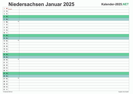 Niedersachsen Monatskalender 2025 Vorschau