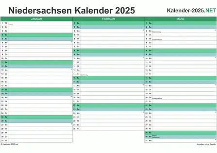 Vorschau Quartalskalender 2025 für EXCEL Niedersachsen