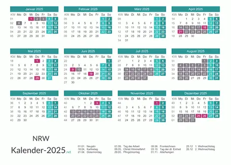 Ferien 2025 + Feiertage zum Ausdrucken - Nordrhein-Westfalen Vorschau