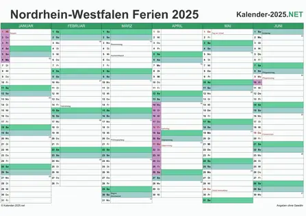 Halbjahreskalender mit Ferien Nordrhein-Westfalen 2025 Vorschau