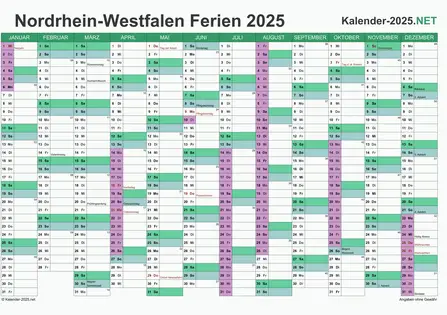 Vorschau EXCEL-Kalender 2025 mit den Ferien Nordrhein-Westfalen