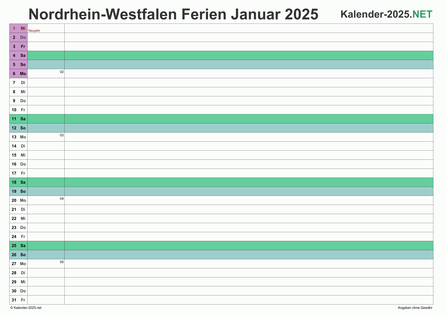 Monatskalender 2025 zum Ausdrucken zum Ausdrucken - mit FerienNordrhein-Westfalen Vorschau