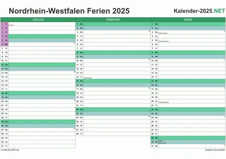 Quartalskalender mit Ferien Nordrhein-Westfalen 2025 Vorschau