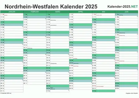 Vorschau Halbjahreskalender 2025 für EXCEL Nordrhein-Westfalen