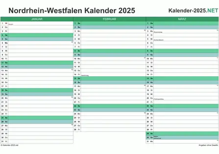 Vorschau Quartalskalender 2025 für EXCEL Nordrhein-Westfalen