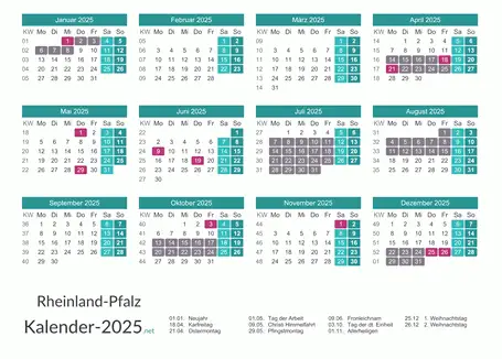 Kalender mit Ferien Rheinland-Pfalz 2025 Vorschau