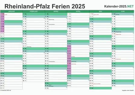 Vorschau EXCEL-Halbjahreskalender 2025 mit den Ferien Rheinland-Pfalz