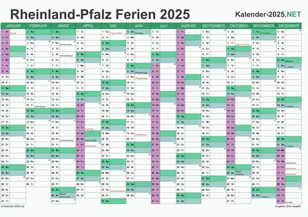 Vorschau EXCEL-Kalender 2025 mit den Ferien Rheinland-Pfalz