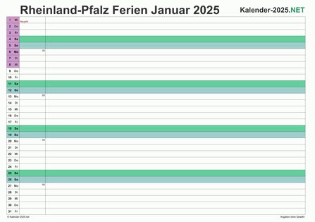 Monatskalender 2025 zum Ausdrucken zum Ausdrucken - mit FerienRheinland-Pfalz Vorschau