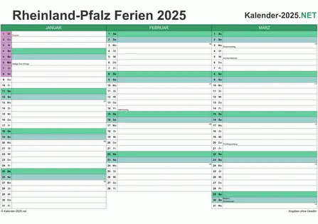 Quartalskalender mit Ferien Rheinland-Pfalz 2025 Vorschau