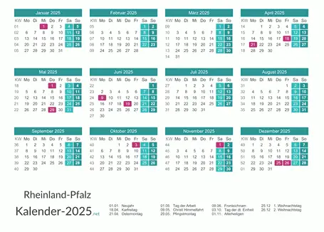 Feiertage Rheinland-Pfalz 2025 zum Ausdrucken Vorschau