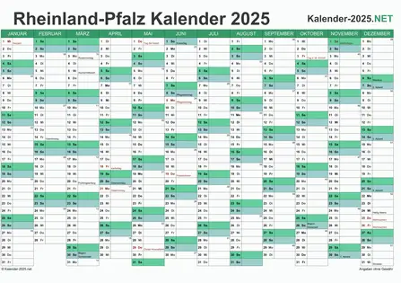 Vorschau Kalender 2025 für EXCEL mit Feiertagen Rheinland-Pfalz