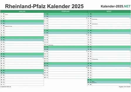 Vorschau Quartalskalender 2025 für EXCEL Rheinland-Pfalz