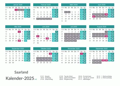 Kalender mit Ferien Saarland 2025 Vorschau