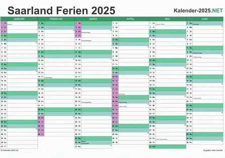 Halbjahreskalender 2025 zum Ausdrucken zum Ausdrucken - mit FerienSaarland Vorschau