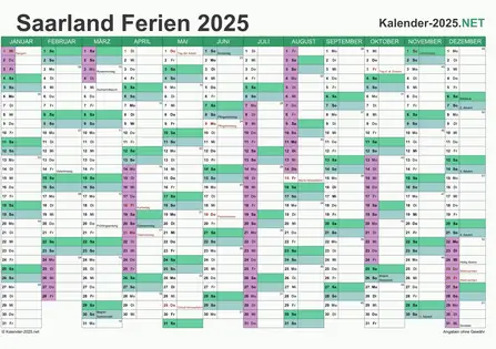 Vorschau EXCEL-Kalender 2025 mit den Ferien Saarland