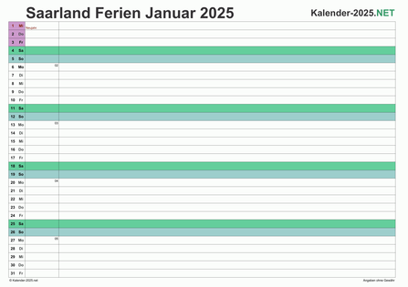 Vorschau EXCEL-Monatskalender 2025 mit den Ferien Saarland