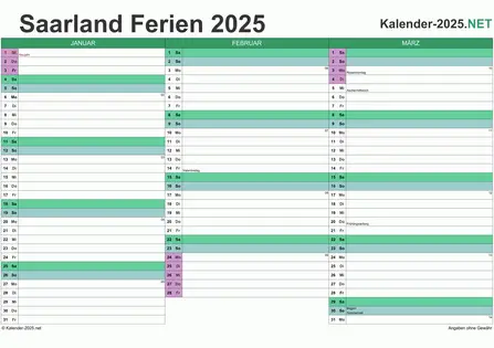 Quartalskalender 2025 zum Ausdrucken zum Ausdrucken - mit FerienSaarland Vorschau