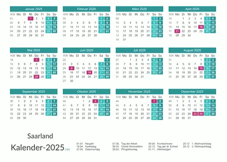 Saarland Kalender 2025 + Feiertage Vorschau