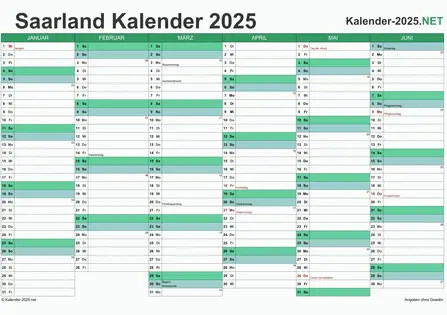 Saarland Halbjahreskalender 2025 Vorschau