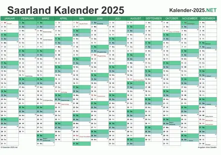 Vorschau Kalender 2025 für EXCEL mit Feiertagen Saarland