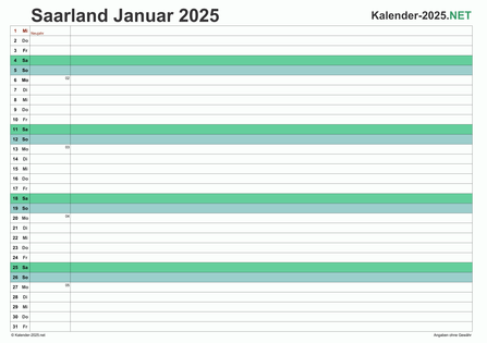 Vorschau Monatskalender 2025 für EXCEL Saarland