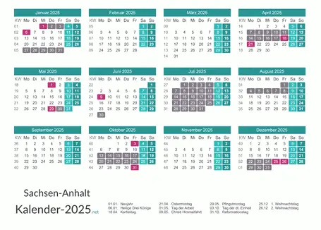 Kalender mit Ferien Sachsen-Anhalt 2025 Vorschau