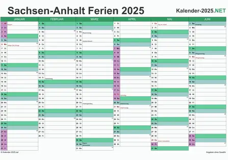 Halbjahreskalender 2025 zum Ausdrucken zum Ausdrucken - mit FerienSachsen-Anhalt Vorschau