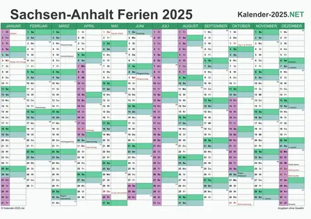 Kalender mit Ferien Sachsen-Anhalt 2025 Vorschau