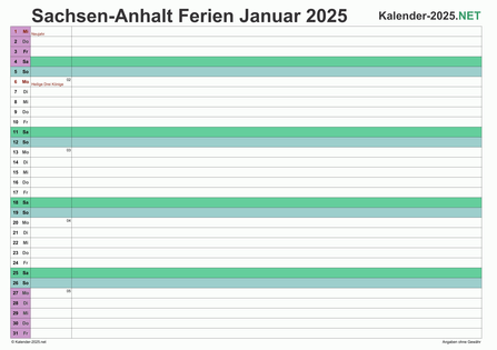 Vorschau EXCEL-Monatskalender 2025 mit den Ferien Sachsen-Anhalt