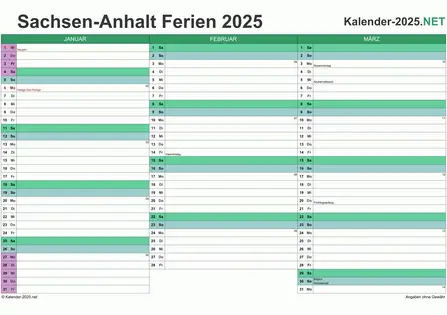 Vorschau EXCEL-Quartalskalender 2025 mit den Ferien Sachsen-Anhalt