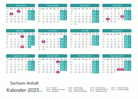 Feiertage Sachsen-Anhalt 2025 zum Ausdrucken Vorschau